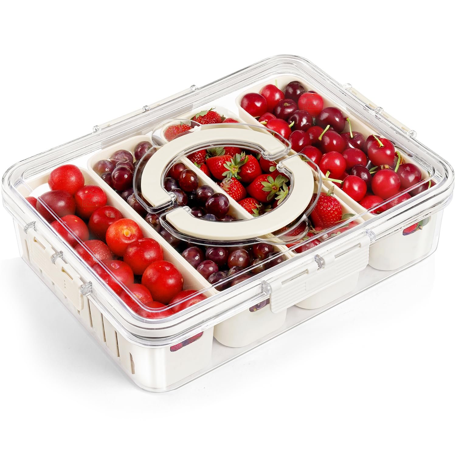 4Compartment Fridge Organiser (3) 4-Compartment Fridge Organizer Bin with Lid and Handle – Divided Vegetable Tray & Snack Box – 4 Removable Storage Containers for Fruits, Veggies, and Meal Prep (1-Piece) - Image 1