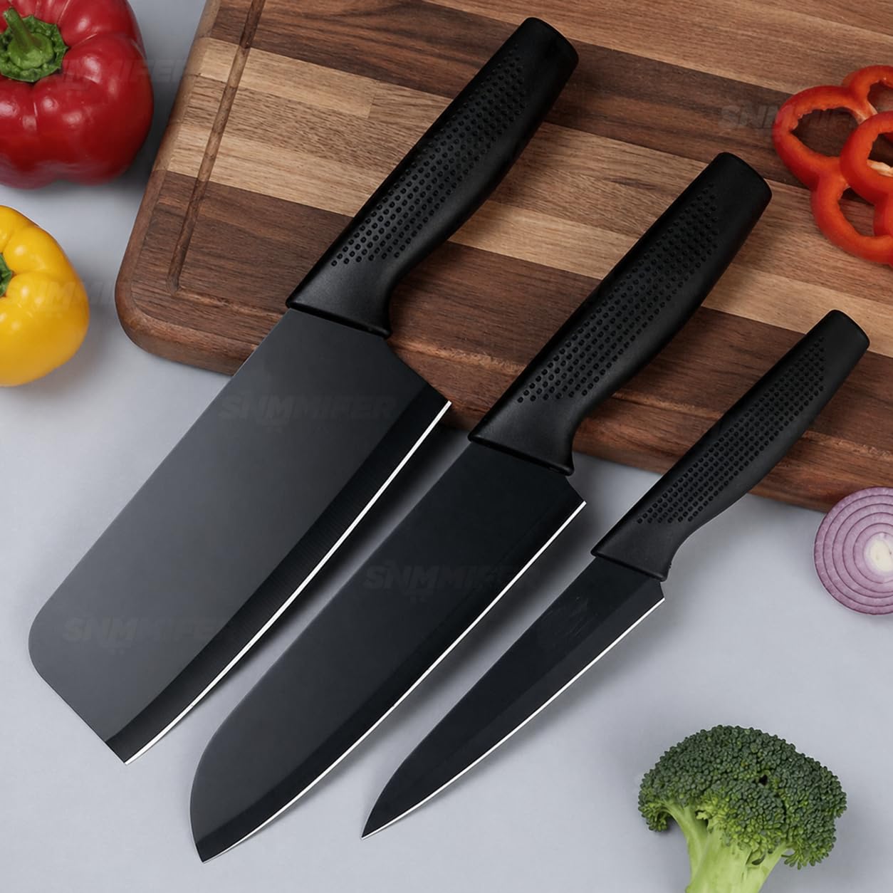 Kitchen Knife Set, 3 Piece, High Carbon Stainless Steel, Non-Slip PP Handle, Black, for Cooking, Cutting and Slicing (Black) - Image 1